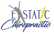 Logo for Ecstatic Chiropractic featuring a gray human figure with arms raised, surrounded by the text "Ecstatic Chiropractic" in blue and a yellow lightning bolt replacing the letter "A" in "Ecstatic." Perfect for promoting healing and relief from back pain after a car accident.