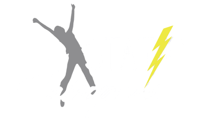 A logo with a silhouette of a person jumping, the text "ECSTATIC Chiropractic," and a yellow lightning bolt integrated into the design, symbolizing relief from back pain.